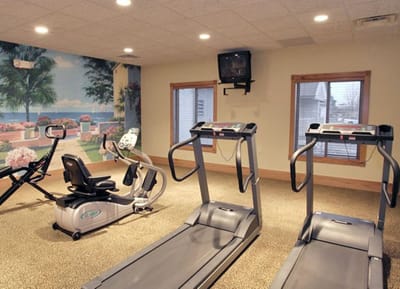 Fitness area with workout equipment and a mural
