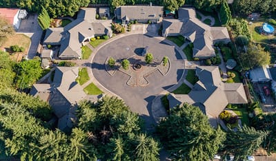 Aerial view of River Grove Memory Care campus layout
