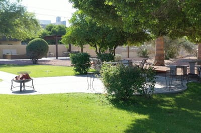 Lush outdoor space with seating and landscaping