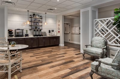 Common area with seating and a coffee station