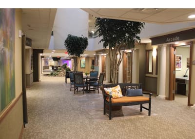 Bright interior hallway with seating areas