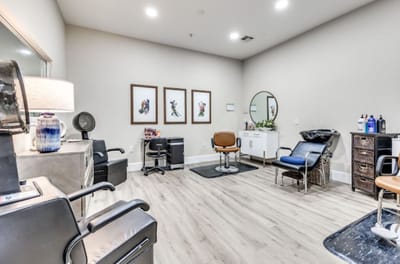Hair salon interior with styling chairs and mirrors