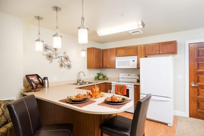 A modern kitchen in a senior living apartment