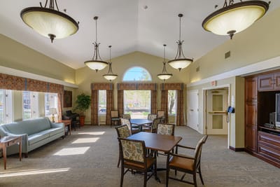 Interior view of a common area with seating and decor