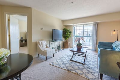 Comfortable living room setting in a senior facility unit