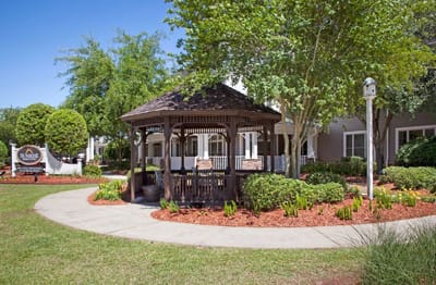Outdoor gazebo with landscaped garden area