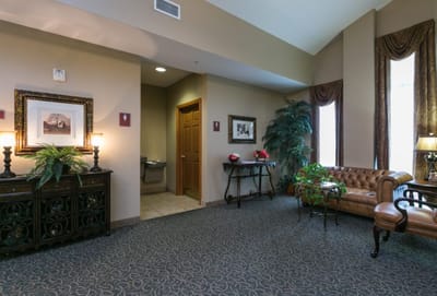 Cozy lobby area with seating and decor