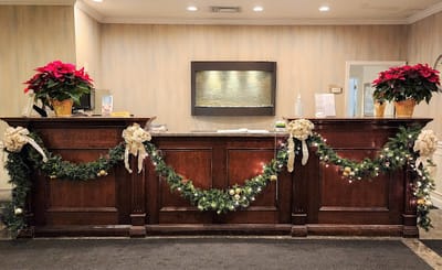 Decorated reception area with holiday decor
