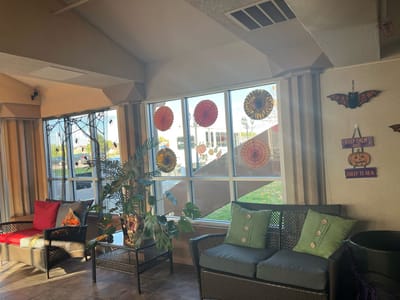 Interior common area decorated for a seasonal celebration