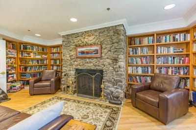 Cozy interior of a library with stone fireplace