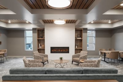 Interior common area with seating and fireplace