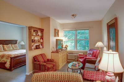 Bright and cozy common area in a senior living facility