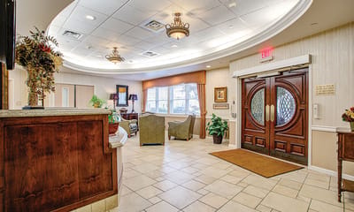 Interior view of a welcoming lobby in a senior living facility