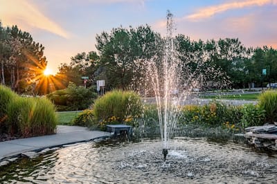 A serene fountain in a landscaped area at sunset