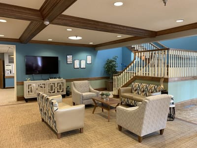 Interior view of a common area with seating.