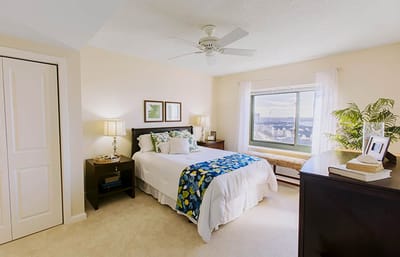 Bright, well-furnished resident room with a view