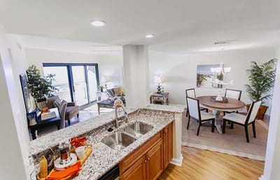 Bright interior common area with dining and lounge spaces