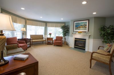 Cozy common area with seating and fireplace