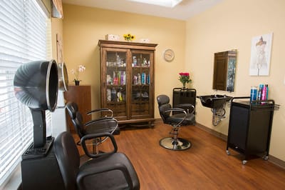 Interior view of a salon with hair styling chairs and equipment