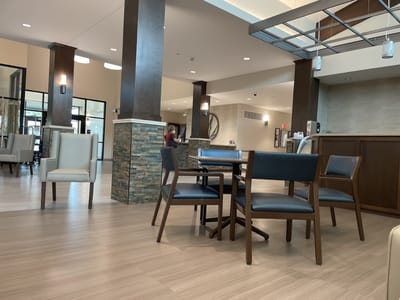 Bright interior of a common area with seating