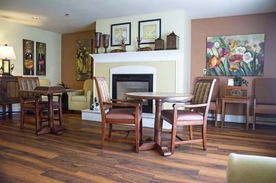 Bright common area with seating and decorations