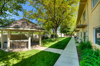 Pathway and gazebo in a landscaped outdoor space