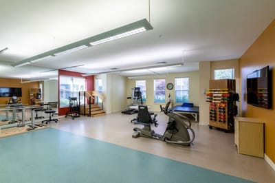 Interior of a gym with exercise equipment and therapy space