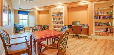 Interior space with bookshelves and seating