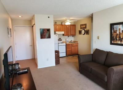Interior view of a cozy resident apartment with kitchen