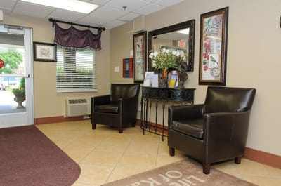 Comfortable lobby area with seating and decor.