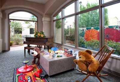 Bright common area with toys and flowers