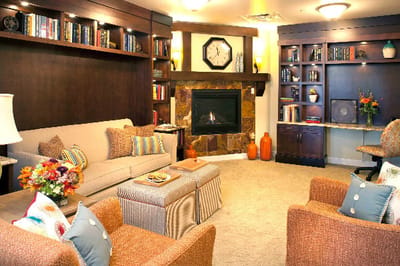 Cozy interior common area with a fireplace and bookshelves