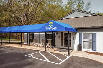 Entrance of TerraBella Northridge with logo and awning