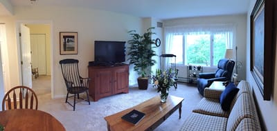 Cozy common area with furniture and large windows