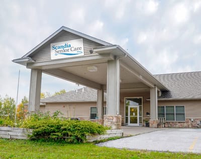 Exterior view of Scandia Senior Care facility entrance