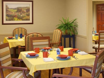 Dining area set up for a meal with colorful table settings