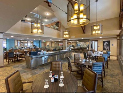 Dining area with tables and serving station