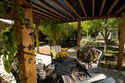 Cozy outdoor seating area with plants and flowers