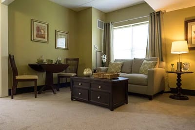 Cozy living room with a sofa and table