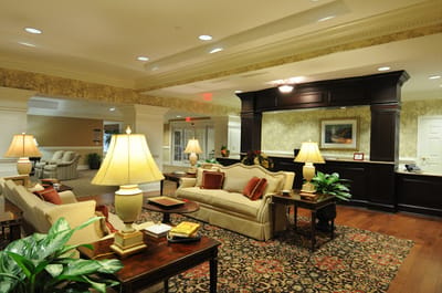 Cozy lobby area with seating and decorative elements