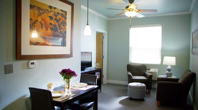Cozy interior living area with a dining table
