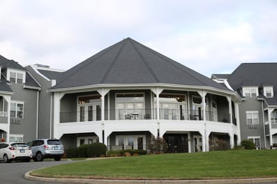 Exterior view of a senior living facility entrance