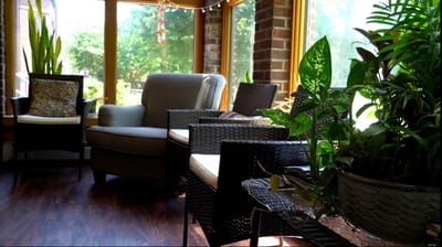Bright sunroom with comfortable seating and plants