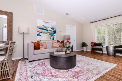 Bright interior of a living room with cozy furniture