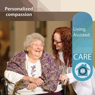 Caregiver assisting a smiling senior in a facility setting