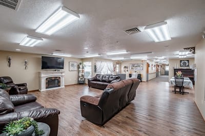Interior view of a cozy common area with seating