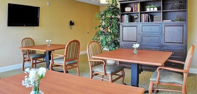 Common area with seating and decorative plants