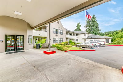 View of the entrance and parking area of the facility