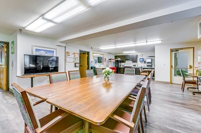 Dining area with large table and chairs