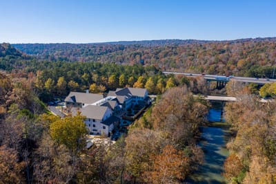 Aerial view of Longleaf Liberty Park surrounded by trees